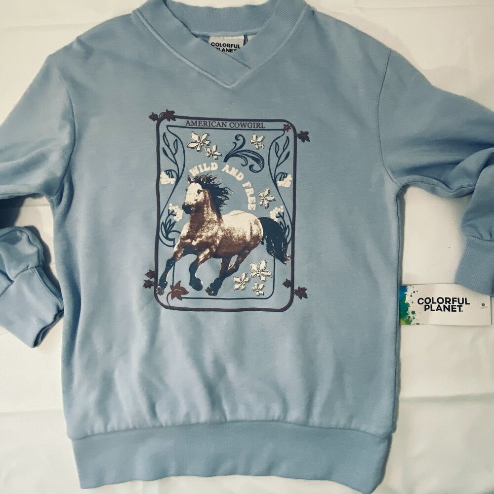 NEW Colorful Planet AMERICAN COWGIRL V-Neck Sweatshirt Sz S (7/8) Blue, W/Tag